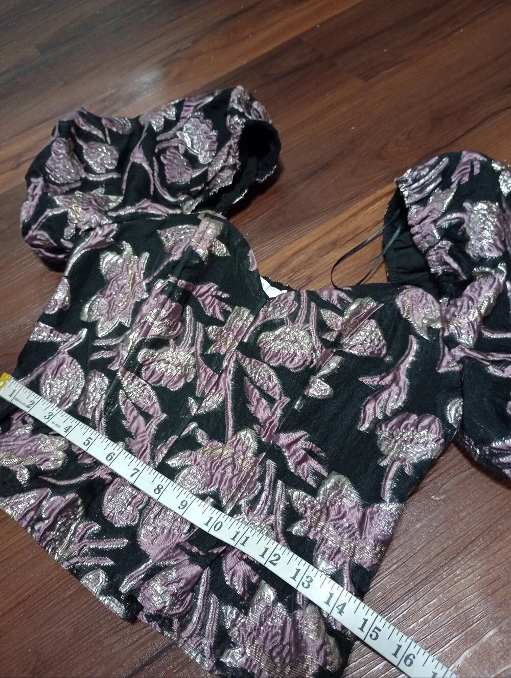 ASTR The Label Sidney Jacquard Floral Puff Sleeve Metallic Corset Top